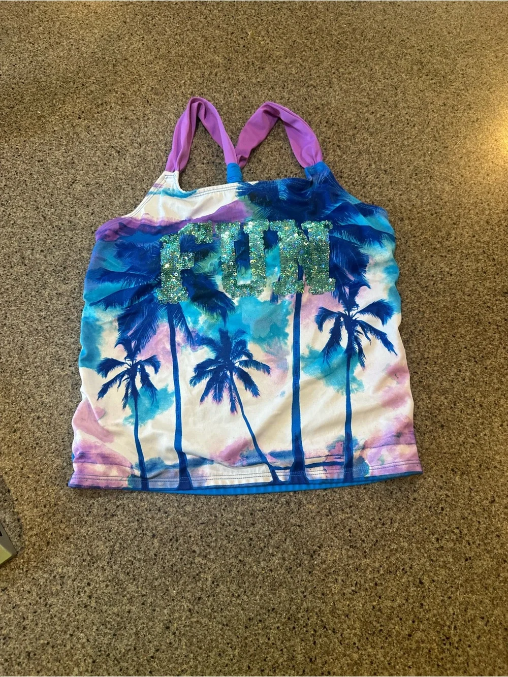 Justice Purple & Blue Palm-Print swim suit top with Glitter 'FUN'